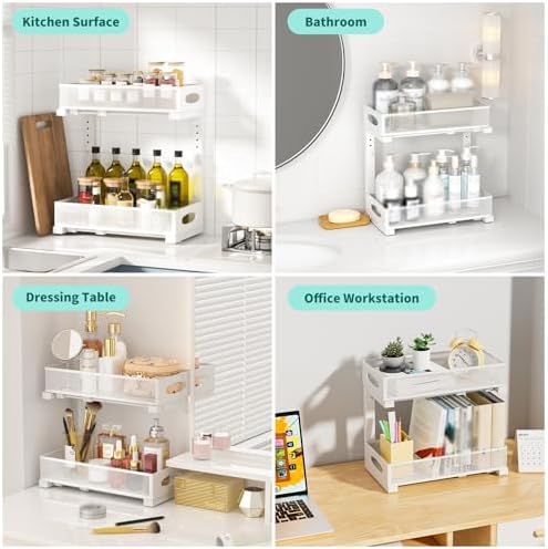 Under Sink Organizer, 2 Pack 2 Tier Metal Slide Out Pull Out Cabinet Organizer Shelf, Height Adjustable Organization and Storage Series, Bathroom/Desktop/Cabinet/Kitchen organization, White