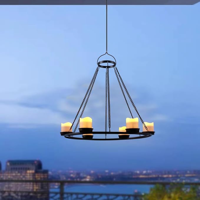 Outdoor Chandelier Solar, Hanging Candle Lantern with 7pcs Solar Powered Votive Lights in Matt Black Finished Metal Candle Holders for Home, Garden, Backyard, Pergola, Gazebo, Tree, Window Decor