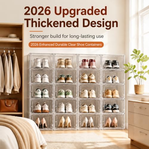 Clear Shoe Storage Box, 2026 2nd Gen Thickened Hard Plastic Stackable Organizer with Magnetic Door, Folding Shoe Rack for Closet, Large Sneaker Display Case for Sneakers and Ankle Boots,1 Pack