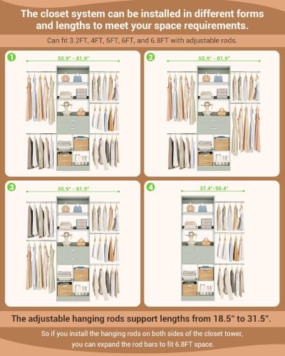 Small Closet System, 3.2-6.8FT Small Closet Organizer with 2 Wooden Drawers & 5 Hanging Rods, Can Fit 37.5 to 81.9 inch Walk-in Closet System, Built-in, Crab Green, Enclosed Storage Volume 2.32 ft³