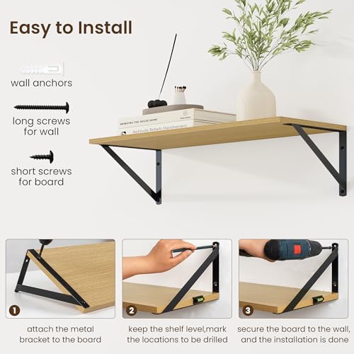 Fun Memories Deep Floating Shelves for Wall, 24W x 8D Wall Mounted Shelves Set of 2, Wide Display Ledge Shelf with Sturdy Metal Brackets for Living Room, Bathroom, Bedroom and Kitchen, Oak