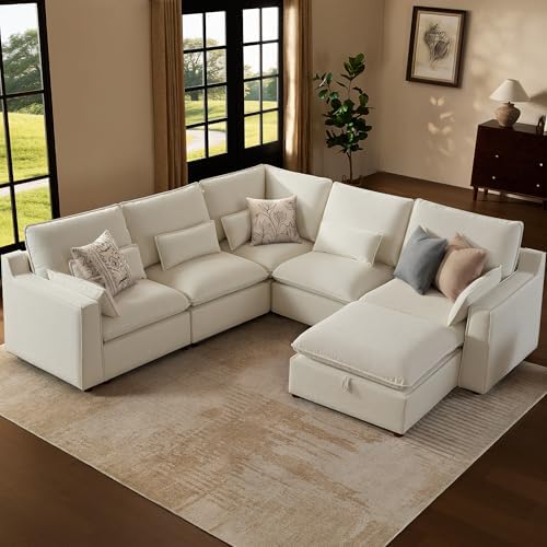 WorthFurni Modern Modular Sectional Sofa,105" V Shape Sectional Cloud Couch with Storage Ottoman,Comfty 6 Seat Sofa for Living Room,Beige Chenille