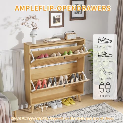 Fsbecl Shoe Storage Cabinet for Entryway with 2 Fluted Flip Drawers, Oak
