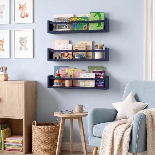 Fixwal Floating Nursery Book Shelves for Wall, 16.5in, Set of 3, Navy Blue | Solid wood shelves store kids' books, toys and clothing. Fits kids' room, playroom, nursery, living room, bedroom & bathroom.