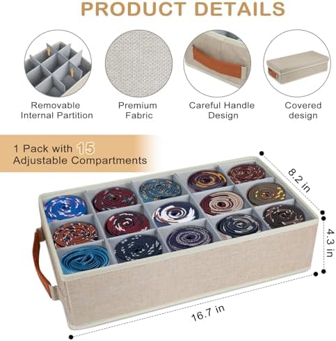 Lukeline Belt Organizer for Closet, Tie Storage Organizer Bins with 15 Compartments Drawer Organizer, Linen Closet Organizers Storage Box for Socks, Bras, Briefs, Ties, Belts