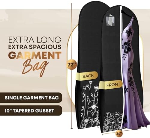 Your Bags Women’s Dress and Gown Garment Bag -72”x24” and 10” Tapered Gusset Prom Bags (Wildflower Black)