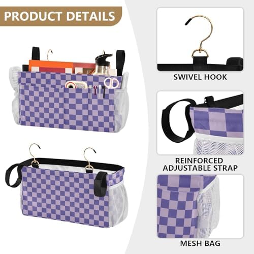 Purple Checkerboard Print Bedside Caddy Storage Bag Bedside Organizer for Bunk Bed Headboards College Organizer Caddy Hanging Shelf 6 Pockets with Hooks for Drinks Magazine Phone Holder