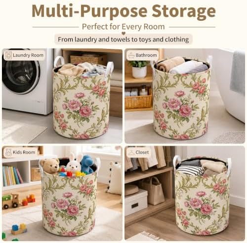 Vintage Rose Floral Laundry Basket, Cottagecore Elegant Pink Flower Waterproof Laundry Hamper Clothes Toys Storage Organizer Bin for Bathroom Bedroom