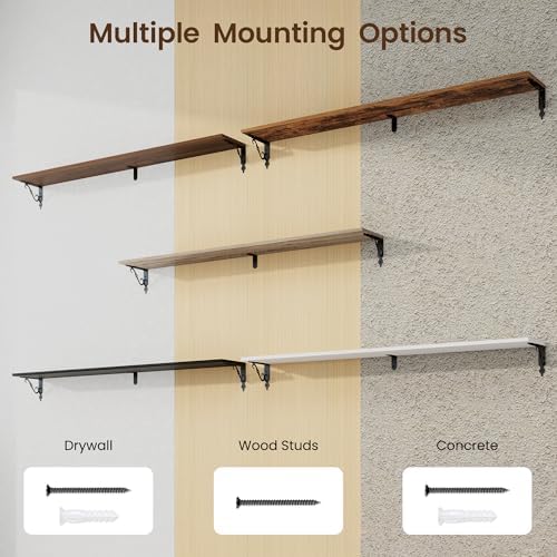 RICHFOCUS Floating Shelves for Wall Decor, 55.1W x 8D Shelf Set of 2, 8 Inch Deep Rustic Wood Shelves Wall Mounted with Brackets, Long Shelves for Living Room Bedroom Kitchen, Rustic Brown