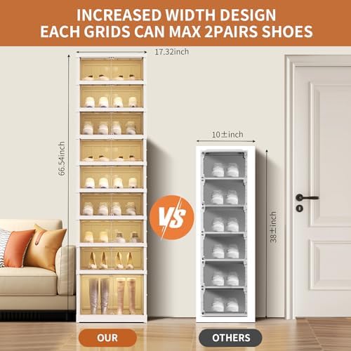 EHAMILY 9-Tier Foldable Shoe Rack Organizer, Magnetic Doors, 18 Pairs,White