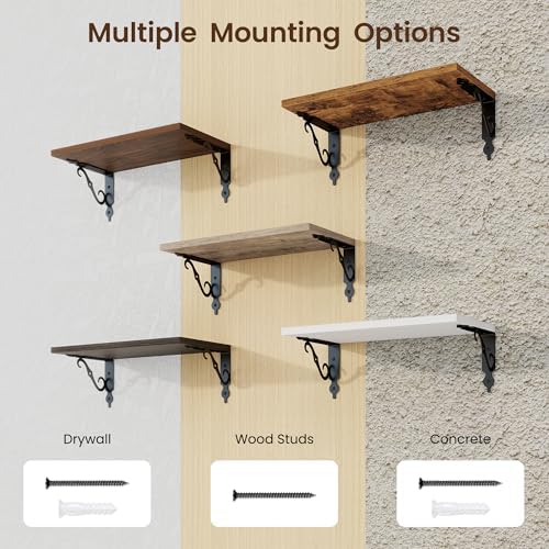 RICHFOCUS Floating Shelves for Wall Decor, 8 Inch Deep Shelves Set of 2, 16W x 8D Floating Shelves Wall Mounted with Metal Brackets, Rustic Wood Shelves for Living Room Bedroom Kitchen, Grey