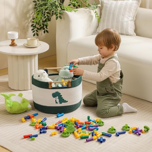 Cotton Rope Baskets for Kids Stuffed Animal Toys Storage for Nursery, Baby Baskets for Gifts Empty, Woven Basket with Wooden Handles Blanket Towel Toy 0rganizer Kids Blanket Storage Bins ( Dinosaur ）