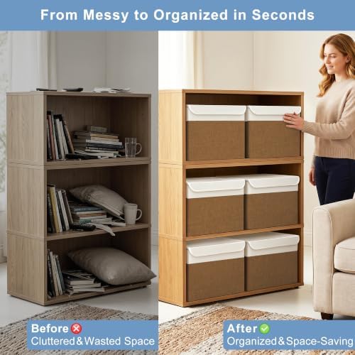 Large 17" 42 Quarts Collapsible Stackable Storage Bins with Lids [3-Pack] Foldable Fabric Linen Storage Boxes Cube, Closet Organizer Baskets with Label for Home (16.7 x 12 x 12", Brown & White)