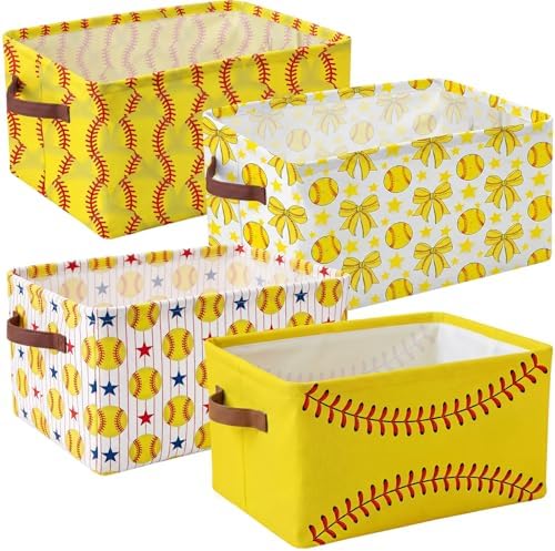 Boao 4 Pack Softball Storage Baskets for Gifts Empty Collapsible Laundry Storage Bins with Handles Foldable Boxes for Home Bedroom Office Holiday Toy Clothes Containers
