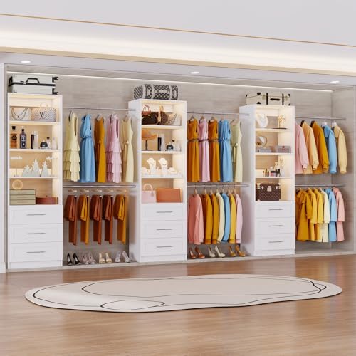 Closet System with 9 Drawers, 8FT-20FT Custom Closet Organizer System Modular Walk in Closet Storage Wooden System with 12 Expandable Hanging Rods Adjustable Shelves 3 Sets White(8FT-20FT)