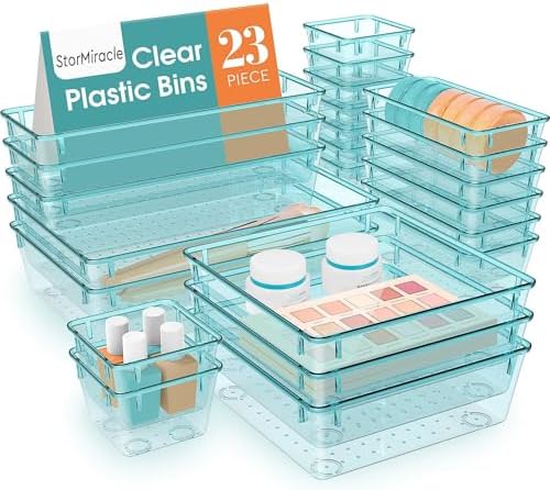 23 PCS Drawer Organizer Set, 5 Size Bathroom and kitchen organizer Trays | Bathroom and kitchen Drawer cabinet organizer Trays, Clear Storage Bins for Makeup, Jewelry, Utensils and Gadgets