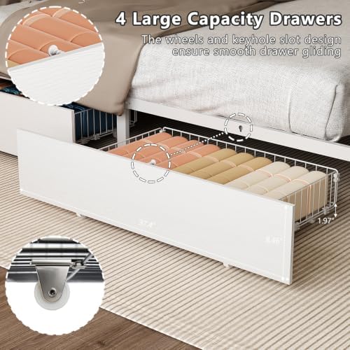 VINGLI Metal Bed Frame King with 4 Drawers and Storage Wooden Headboard Shelves, Platform with Charging Station and LED Lights, White