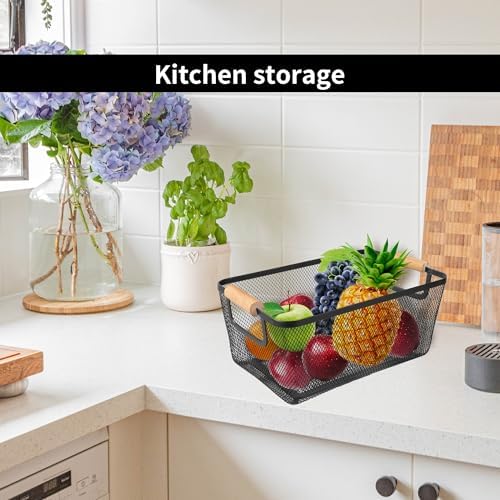 2 Pack 12" Wide Metal Mesh Baskets with Bamboo Handles for Pantry Organization | Wire Storage Bins for Kitchen, Cabinet, Fruit & Snacks | Decorative Farmhouse Style Organizer
