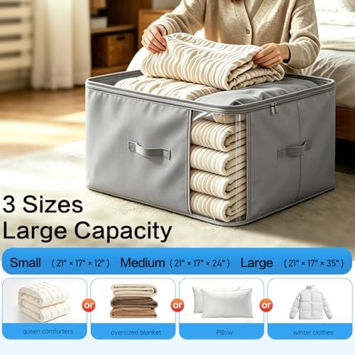 Comforter Storage Bag, Large Capacity Blanket Storage Bags 3-Layer Ultra Space Saving Self Compression Organizer, Heavy Duty Space Saver Organizer for Bedding, Clothes, Blanket, 2-Pack, Gray
