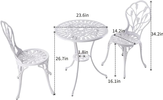 KAILI Patio Bistro Sets 3 Piece cast Aluminum Patio Furniture Outdoor Garden Metal Rust Proof Tables and Chairs White bisrto Set (Tulips-White)