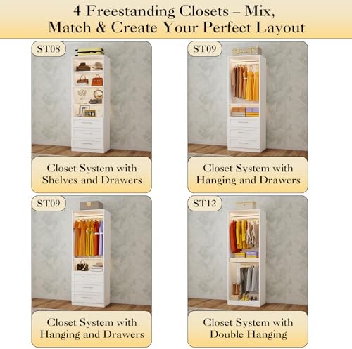 Closet System with 4 Sets, 8-21FT Closet Organizer System with 9 Drawers & 6 Shelves & 8Hanging Rods, Custom L-Shaped Walk in Closet Organizers and Storage System, Modular Closet Shelving System,White