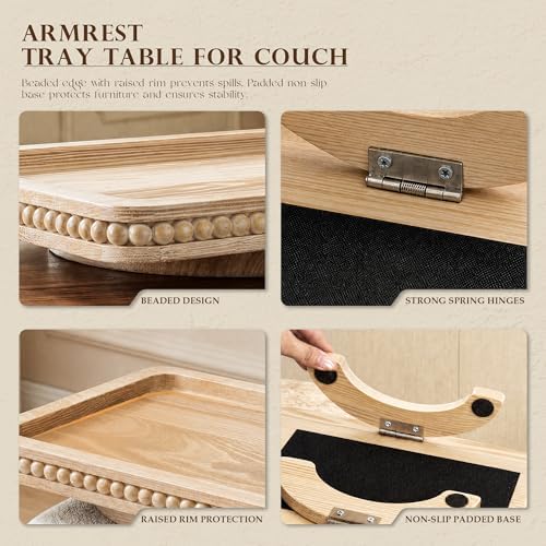 EOSAHR Couch Tray: Sofa Arm Tray with Beads for Room Decor, Natural Wood | 13"×9"×1", Pine Wood, Foldable Armrest Tray, Anti-Slip Sofa Armrest Table, Living Room Sofa Organizer
