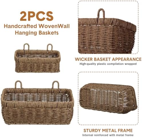Tioncy 2 Pcs Woven Hanging Wall Baskets for Storage with 4 Hooks | Hanging Wicker Basket for Kitchen Garden Bathroom, Woven Style with 4 Hooks, Wall Mount Organizers, Boho Decor Lightweight