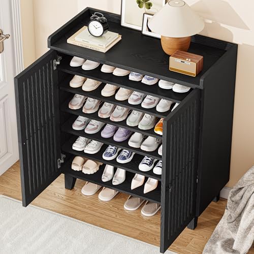 IRONCK Shoe Cabinet with Slatted Doors, 6-Tier Shoe Storage Cabinet, Black