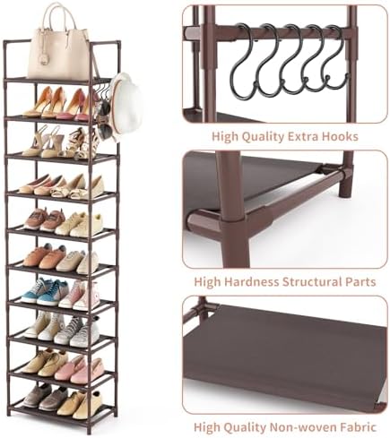 LANTEFUL 10 Tiers Tall Shoe Rack 20-25 Pairs Boots Organizer Storage Sturdy Narrow Shoe Shelf for Entryway, Closets with Hooks, Brown