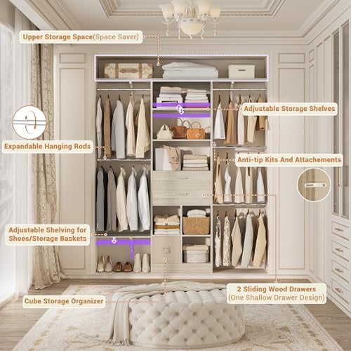 Small Closet System - 5FT Closet Organizer System with Wooden Drawers, 60 Inches Walk In Closet System With 5 Hanging Rods, Can Fit 1.58 to 6.8 FT with Reversible Hanging Shelving, Greige Oak