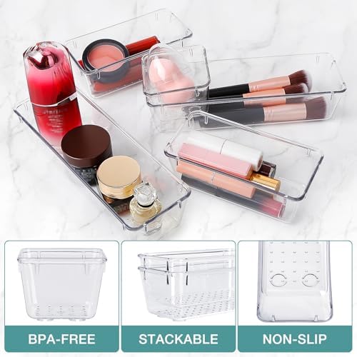 23 PCS Drawer Organizer Set, 5 Size Bathroom and kitchen organizer Trays | Bathroom and kitchen Drawer cabinet organizer Trays, Clear Storage Bins for Makeup, Jewelry, Utensils and Gadgets