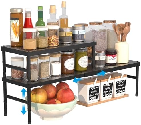 2 Pack Expandable adjustable stackable kitchen cabinet organizer,spice rack | Counter Shelf for Cabinets,Small Cupboard Organizers,Heavy Duty Metal Pantry Storage Shelves Racks for kitchen,bathroom