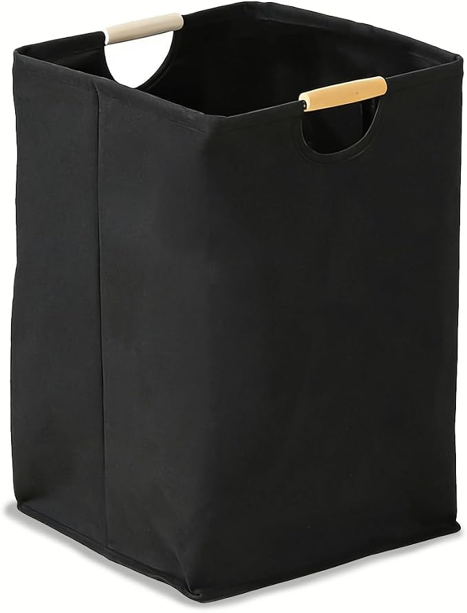 Collapsible Laundry Hamper Bag with Wooden Handles - 36L/8 Gallon Capacity Waterproof Oxford Cloth Storage Basket, Freestanding No Wire Frame, for Dorm Room, Bedroom, Bathroom (Small-Black)