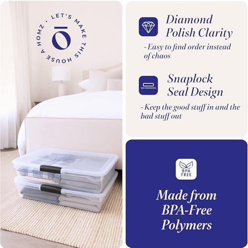 HOMZ 2-Pack Under Bed Storage, Clear Plastic Containers with Lids, 56 Quart, Gray Latch - Stackable Underbed Organizer Bins for Shoes, Bags, Clothes, and Towels
