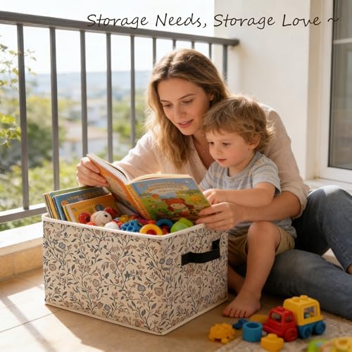 Vintage Rustic Floral Storage Bins Box with Handles, Rustic Cottagecore Wildflower Botanical Foldable Basket Toybox for Bedroom Bathroom Laundry Room Home Clothes Toys Books