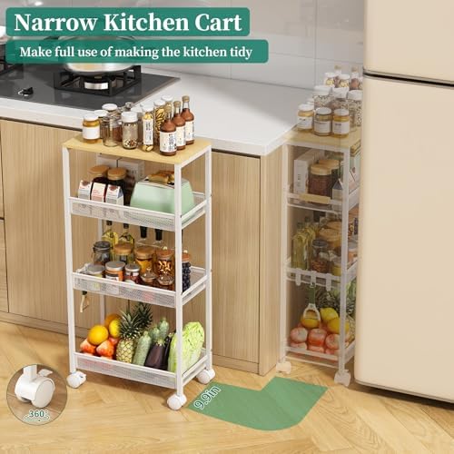 4-Tier Slim Utility Rolling Laundry Cart with Wheels, Easy to Assemble | 9.1" Wide for Narrow Spaces, Wood Top with Metal Frame, Mobile Storage Shelves for Bathroom, Kitchen, Office