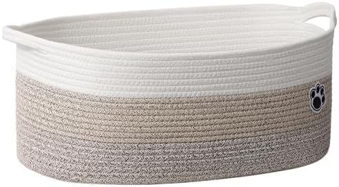 30L Large Woven Rope Dog Toy Basket with Paw Print, Mixed Brown | 19.7" x 11" x 7.9" Dog Toy Bin & Box with Handles, Storage Basket for Blankets Towels, Fits Living Room Nursery Bedroom