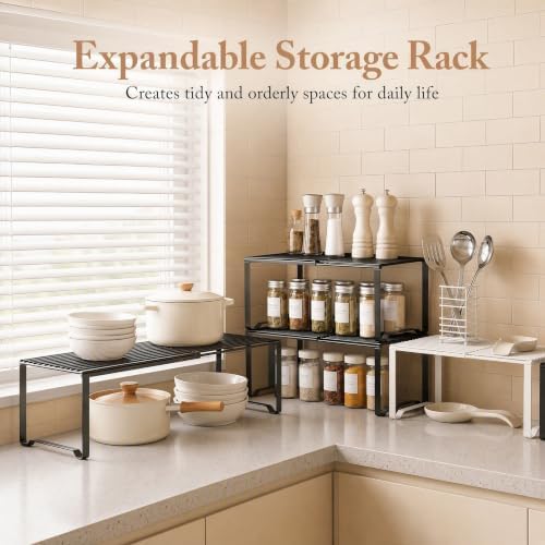 Extendable Metal Wire Shelf Organizer - Adjustable 15-24.4in Length, Stackable Storage Rack for Kitchen/Pantry/Bathroom/Shoe Cabinet/Tool Closet (2,Black)