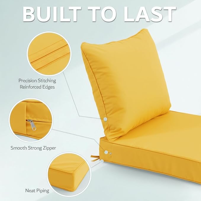 24x24 Inch Outdoor Chair Cushions Set of 4, Patio Furniture Cushions - Removable Cover, Water-Repellent, Fade-Resistant, Non-Slip Bottom & Straps, Replacement for Deep Seat Sofa & Couch - Yellow