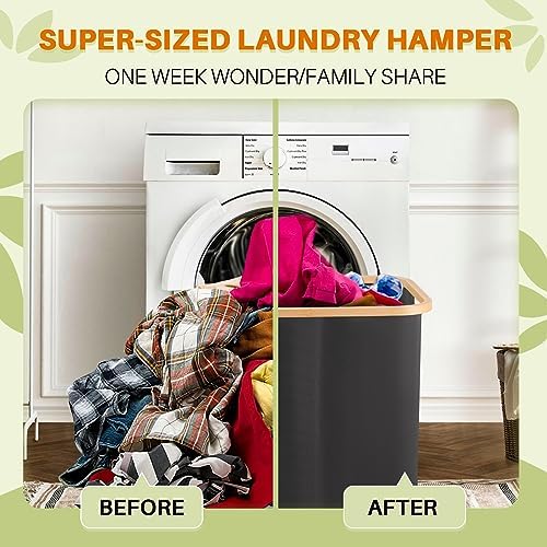 145L Laundry Hamper with Lid, 3 Section Laundry Basket with 3 Removable Bag | Clothes Hampers for Laundry with Bamboo Frame Handle, Large Dirty Clothes Hamper for Laundry Room, Bathroom, Bedroom, Grey