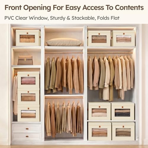 Homsorout Storage Bins with Lids - Front Opening Storage Box with Clear Window & Handles, Stackable Foldable Fabric Bins for Closet Organization, Clothes, Sweaters, Towels, Blankets, 6 Pack, Beige
