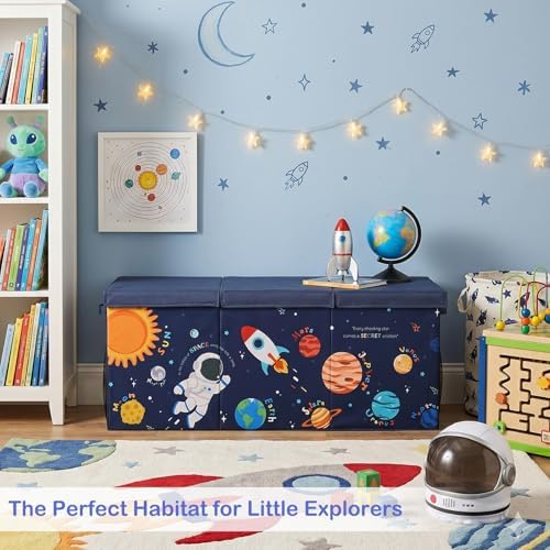 Toy Box with Adjustable Divider Large Toy Chest Storage for Nursery Kidroom | Extra large capacity, removable divider, top and side storage pockets, collapsible design, cute print for playroom decor