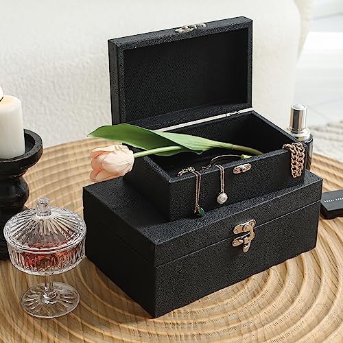 DECOR4SEASON Faux Shagreen Leather Decorative Storage Boxes Set of 2, Black | For Keeping Precious Keepsakes, Trinkets, Jewelry And Other Small Items Organized