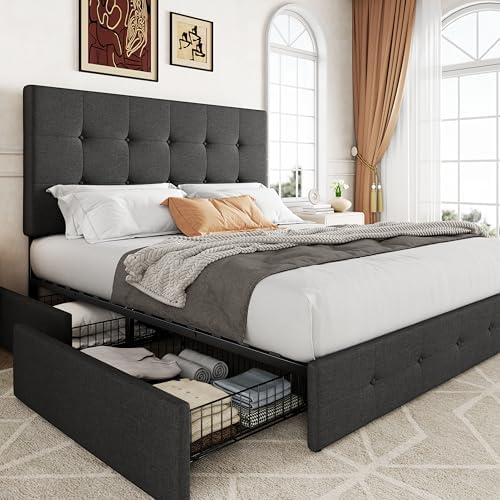 Allewie Queen Size Storage Bed Frame with 4 Underbed Drawers, Dark Grey
