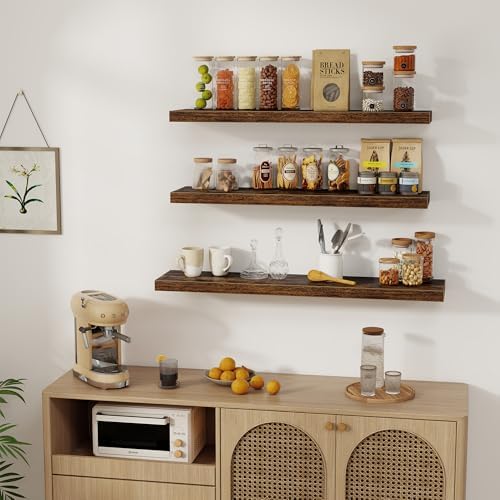 Fun Memories 36 x 8 Inch Floating Shelves for Wall, Farmhouse Bathroom Shelves Set of 2, Wood Wall Shelves 36 Inch Long, 36 x 8 x 1.4 Inch, Rustic Brown