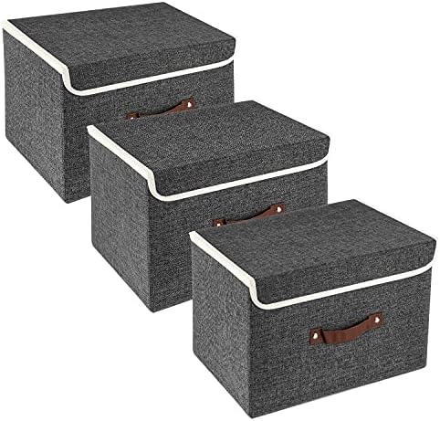 TYEERS Collapsible Storage Boxes, Washable Fabric Storage Bins with Lids, 14.9x9.8x9.8 inches, 3 Pack, Black