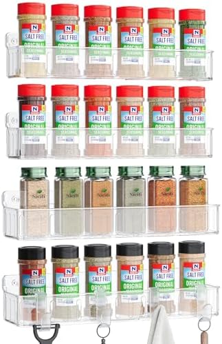 Nieifi Spice Rack Wall Mount, 4 Pack Clear, 2" Depth, Screw/Adhesive | Wall-Mounted with Removable Hooks Saves Counter Space, Fits 2" Deep Jars, Ideal for Kitchen Cabinets, Pantry Doors, and RVs