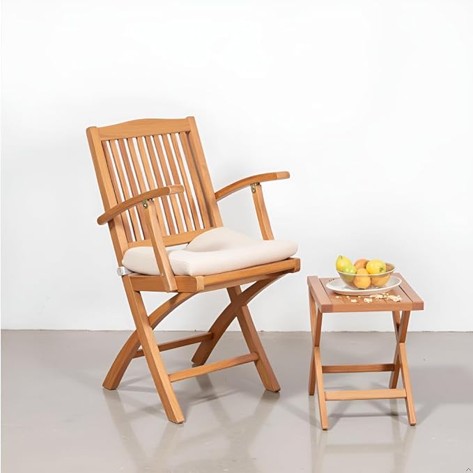 TeakCraft Teak Folding Arm Chair with Cushion - Single Arm Chair- Fully Assembled - Solid Wooden Outdoor, Indoor- Wood Dining Room, Kitchen, Patio, Bistro Chairs, The Era