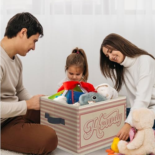 Pink Western Howdy Foldable Storage Bins Box with Handles, Pink Striped Western Nursery Collapsible Toys Books Clothes Organizer Basket for Kids Girl Nursery Room Bedroom Bathroom