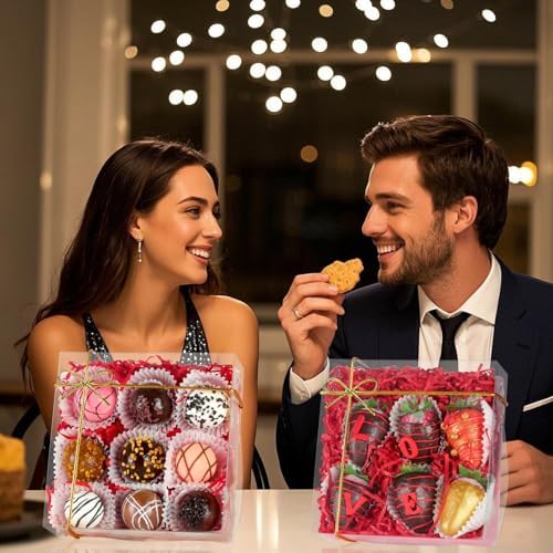 RomanticBaking 50pcs 6x6x2Inches Plastic Clear Babkery Box for Chocolate Truffle,Cookies, Chocolate Strawberries, Cake, Cakesickle Macaron & Treat Box for Christmas Valentine's